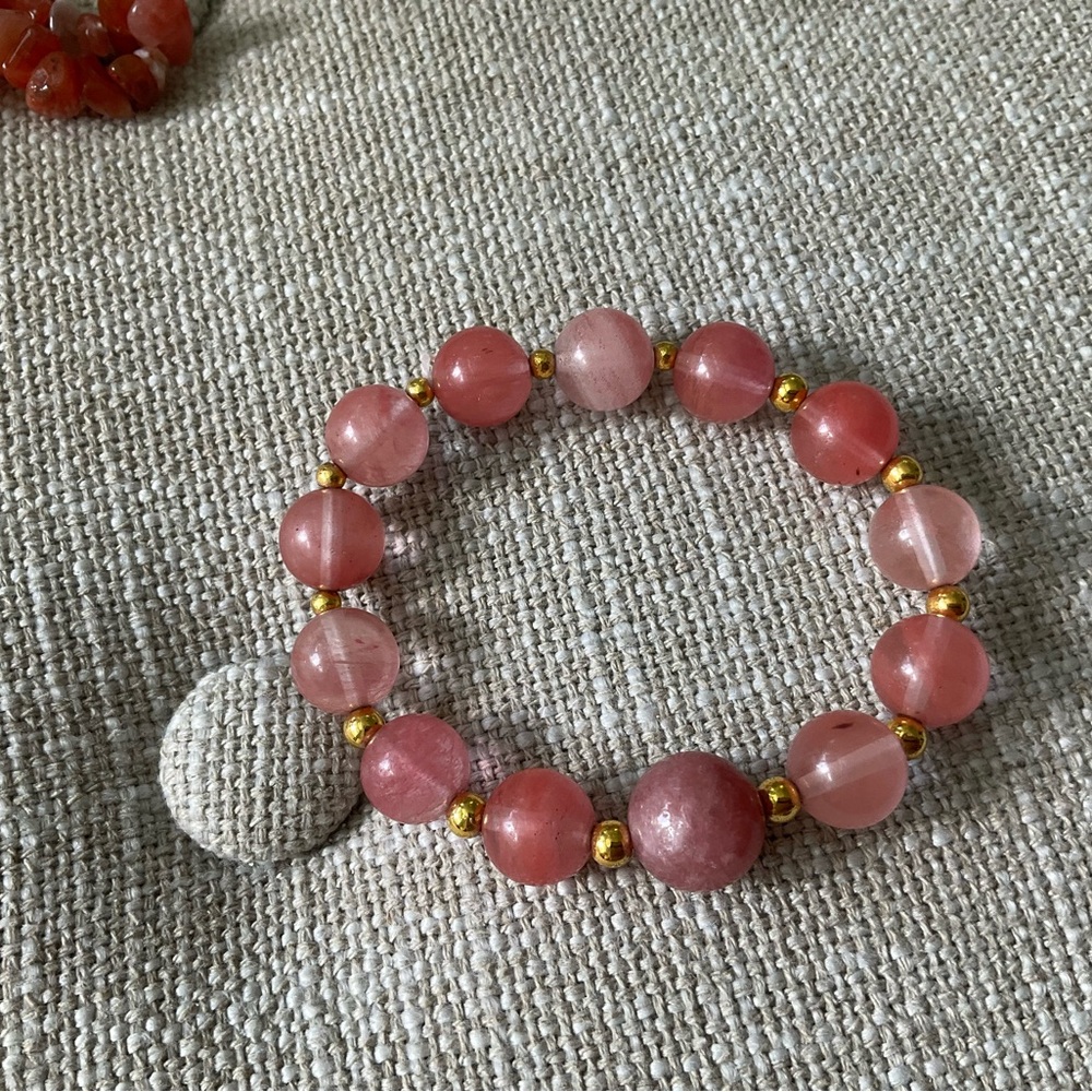 Cherry Quartz Pink Beaded Stretch Bracelet with Gold Accent Beads